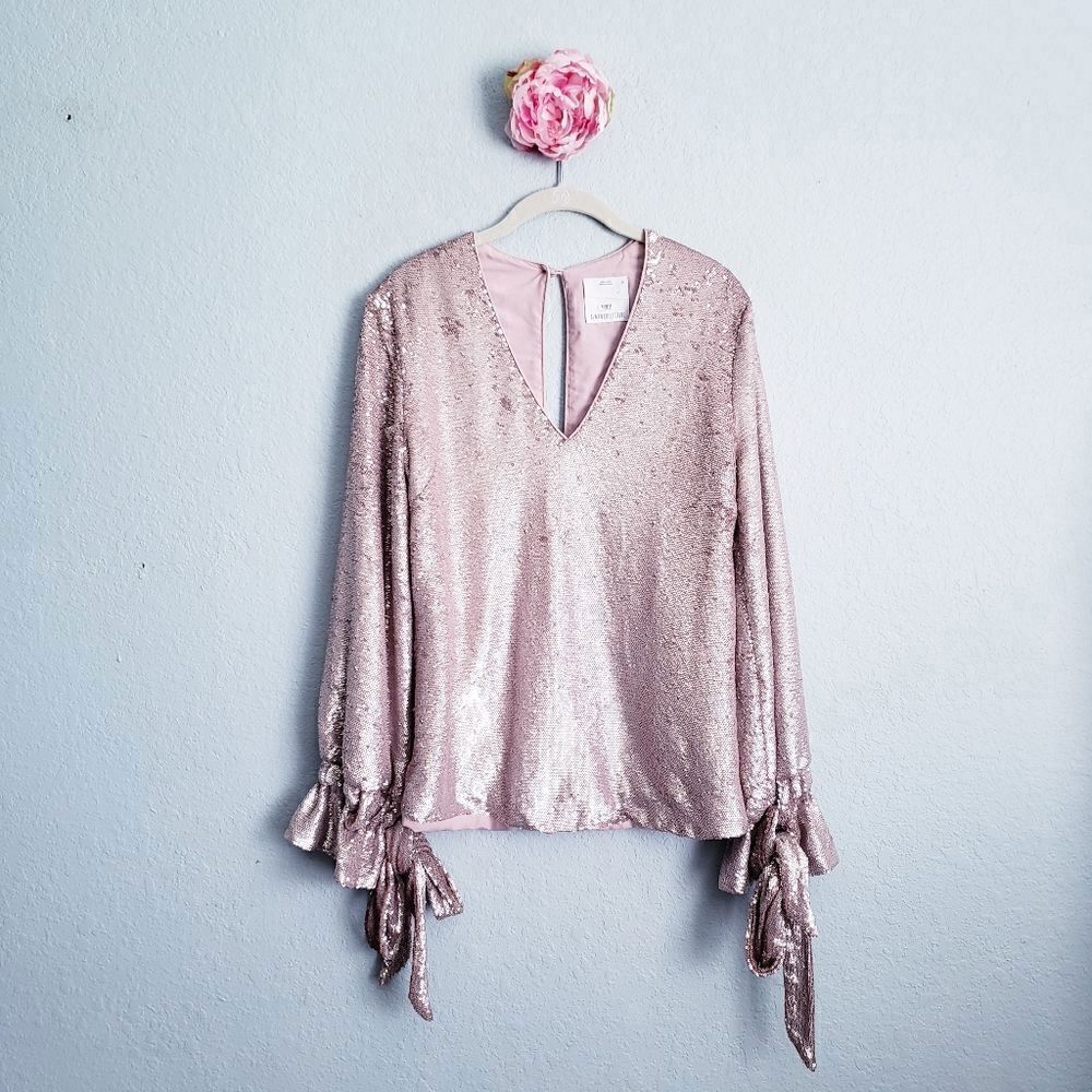 C/MEO Collective Pink Sequin Long Sleeve V-neck Top